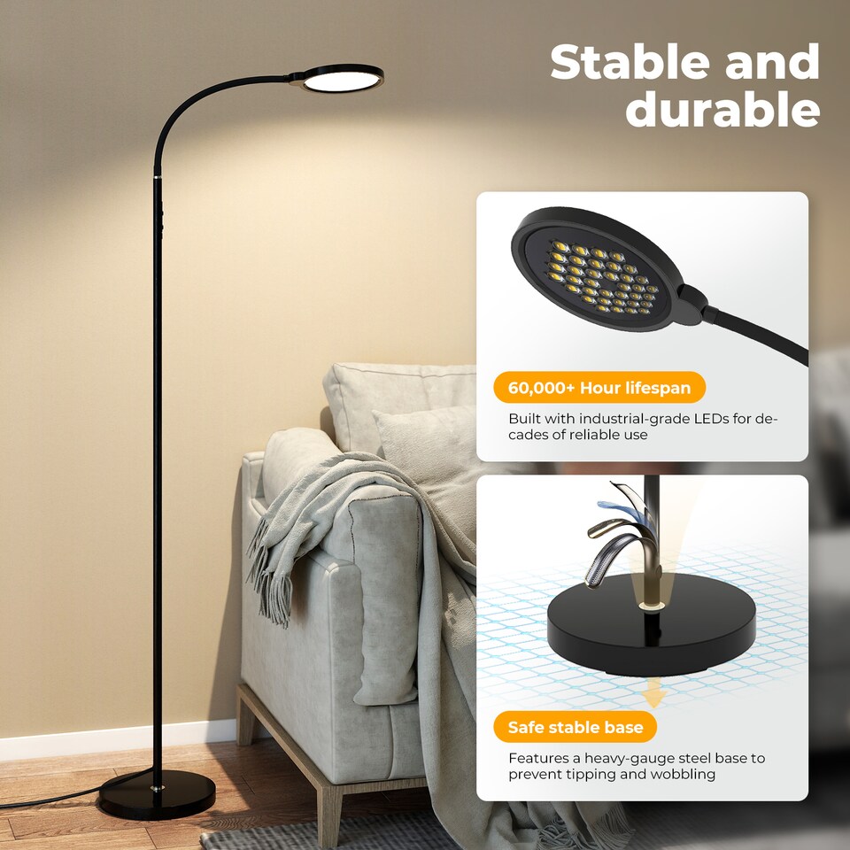 image 1 of Emitto LED Floor Lamp Dimmable Standing Reading Light Remote Control Black 12W