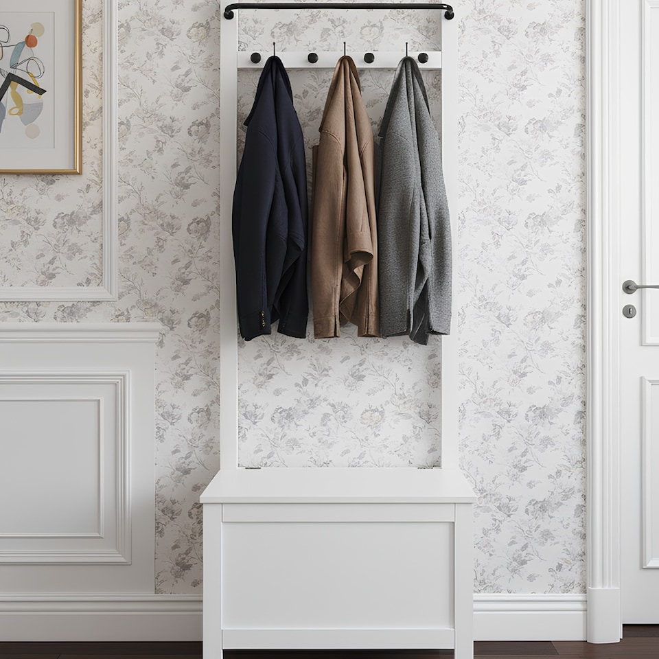 image 1 of Karlstad Hallway Bench Shoe Storage and Coat Hook in Classic White
