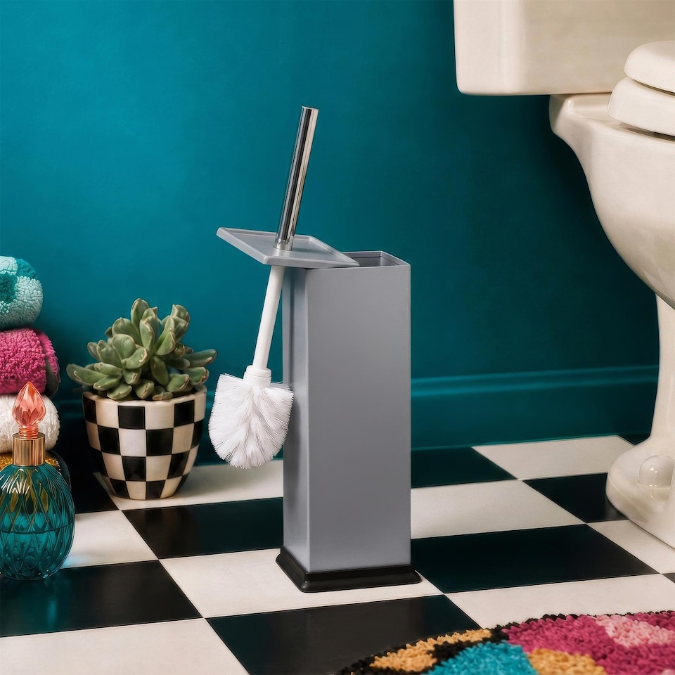 image 1 of Harbour Housewares 2x Matt Grey Toilet Brushes with Holder - Square Brush Non Slip Base Rust Resistant Toilet Cleaning Brush Set