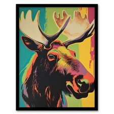 Canadian Moose Psychedelic Animal Portrait Screen Black Framed Wall Art Print A4