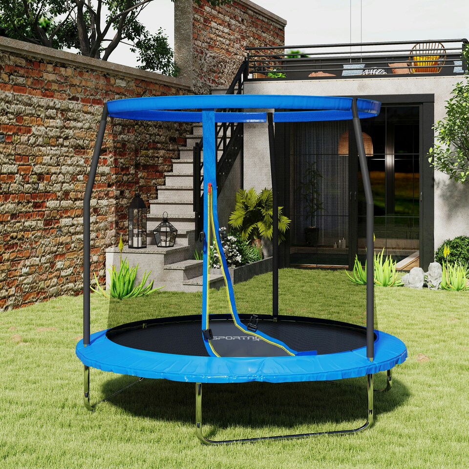 image 1 of SPORTNOW 8ft Outdoor Trampoline with Safety Enclosure Net, Blue