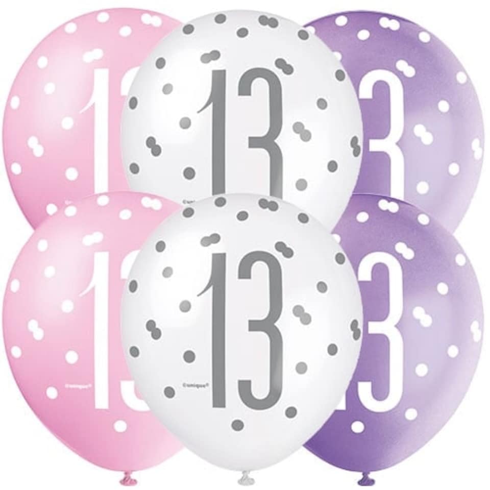 Pink Glitz Age 13 Assorted Biodegradable Latex Balloons 30cm / 12 in - Pack of 6