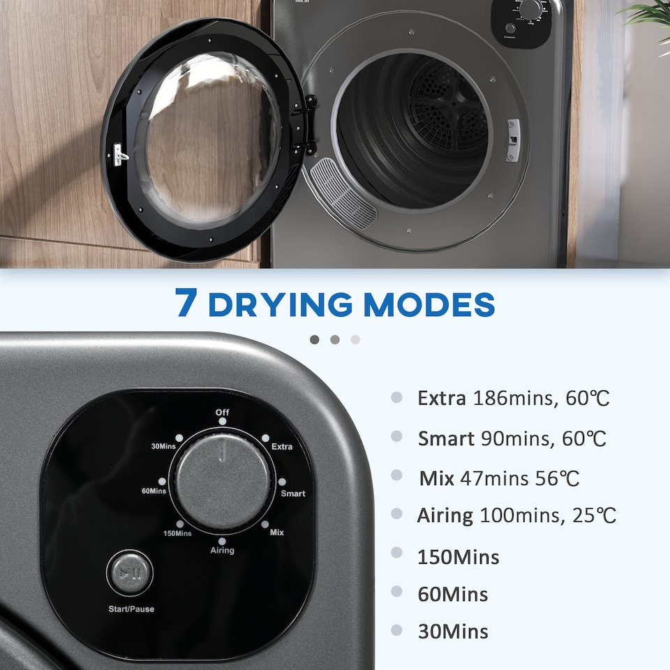 image 1 of HOMCOM 6kg Vented Tumble Dryer, Freestanding, Wall Mounted, Stackable, Portable Dryer with 7 Programmers, Grey