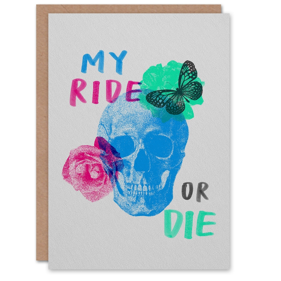 image 1 of My Ride Or Die Skull With Roses and Butterfly Art Card