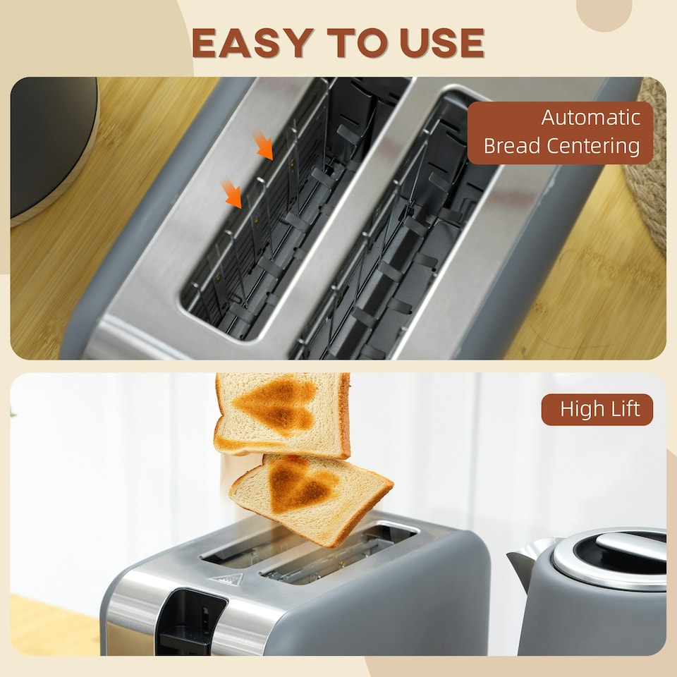 image 1 of HOMCOM 1.7L Electric Fast Boil Kettle and 2 Slice Toaster Set, Grey