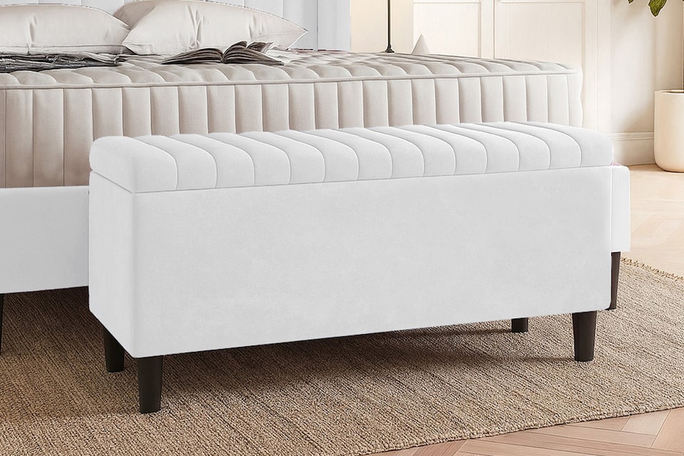 image 1 of 120cm Lined Upholstered Ottoman Storage box - White Plush Velvet Blanket Storage Box with Wooden Legs