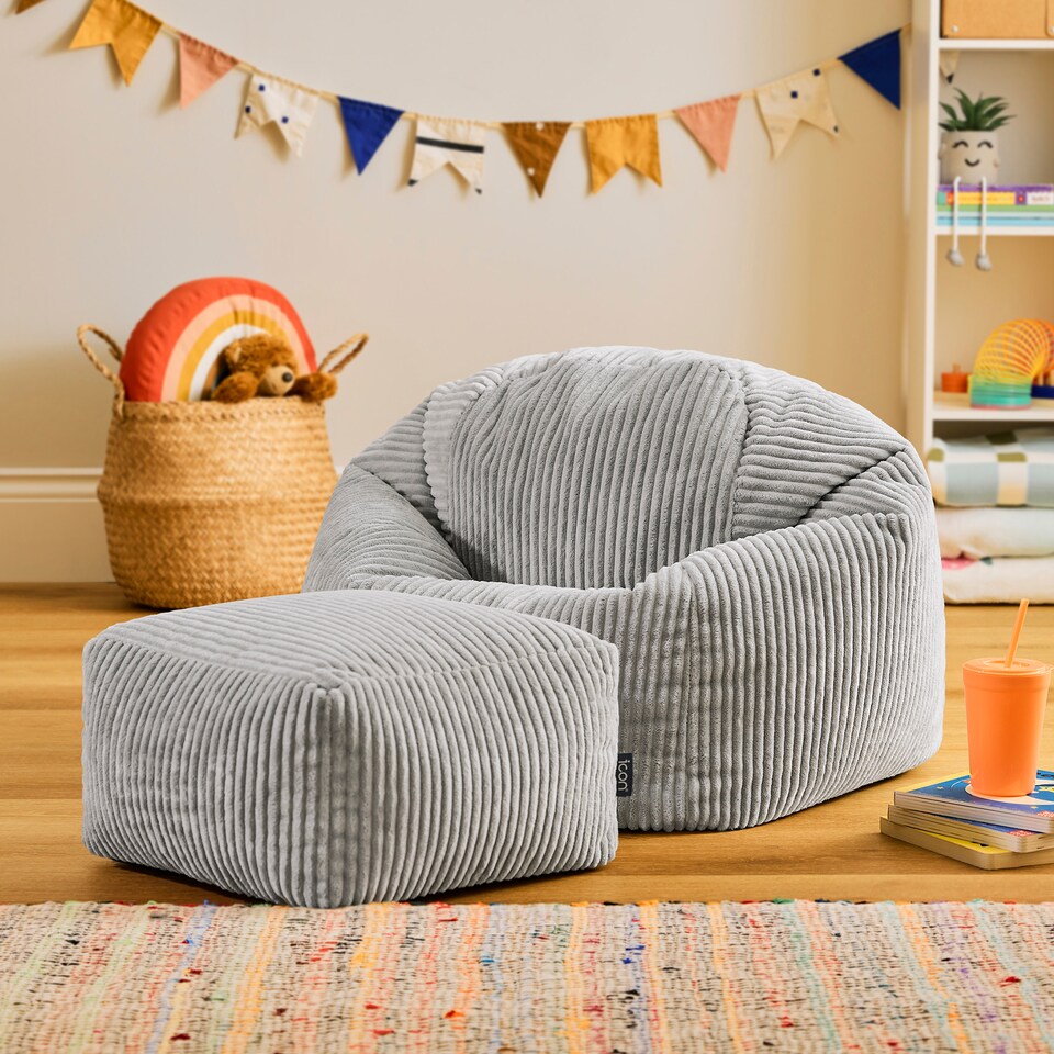 image 1 of icon Kids Kingston Cord Classic Bean Bag and Mini Square Footstool, Grey