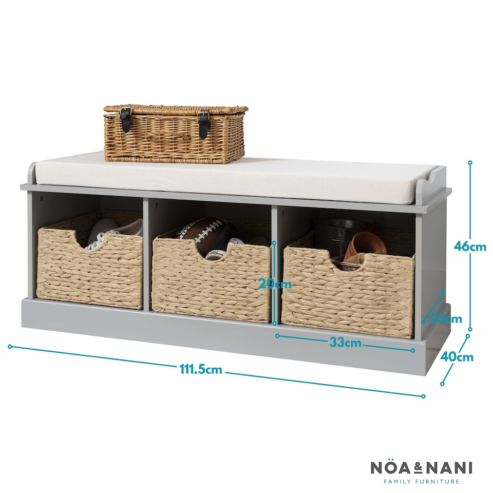image 1 of Stockholm Storage Bench with 3 Brown Baskets in Silk Grey