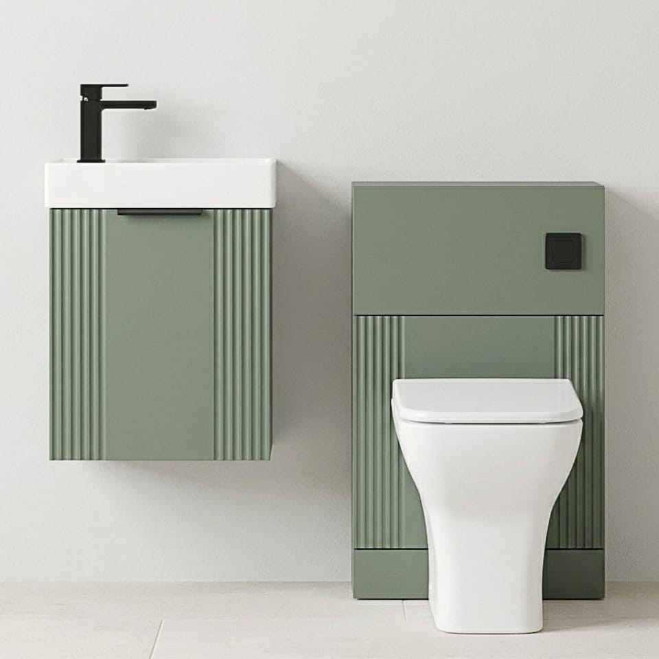 image 1 of Balterley Cloakroom Suite - Wall Hung Basin Unit, Toilet & Tap | Green | Satin Green | 438 x 400 x 222mm