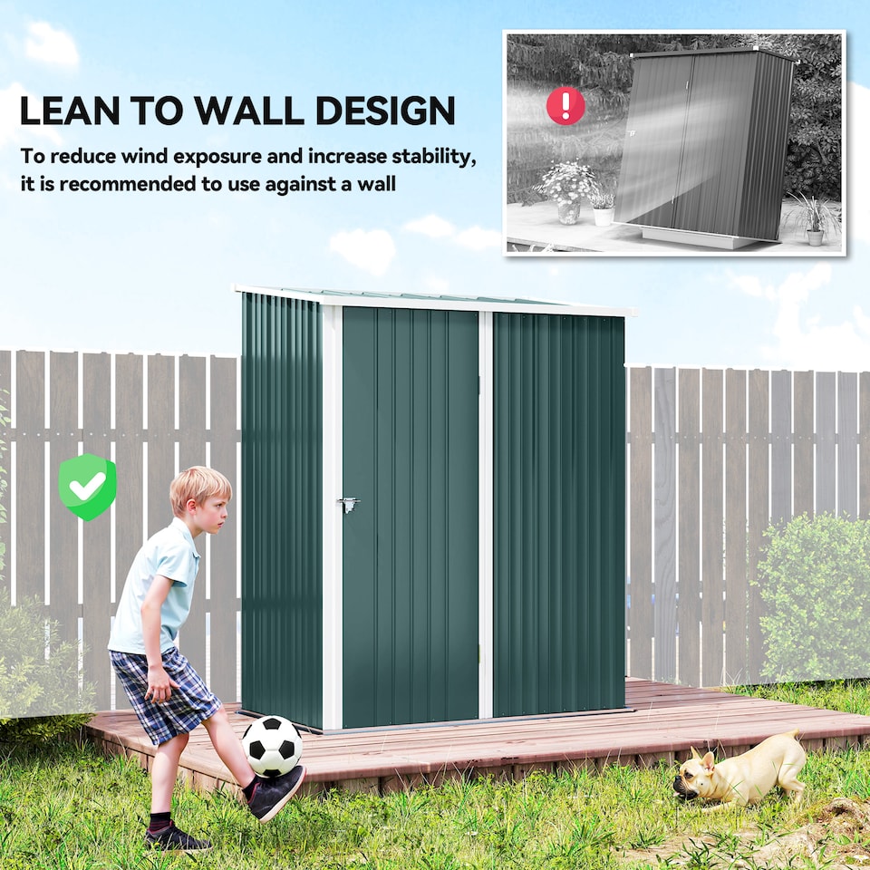image 1 of Outsunny 5ft x 3ft Lean to Garden Shed, Metal Outdoor Storage Shed with Single Lockable Door, Tool Storage Shed for Garden, Patio, Green