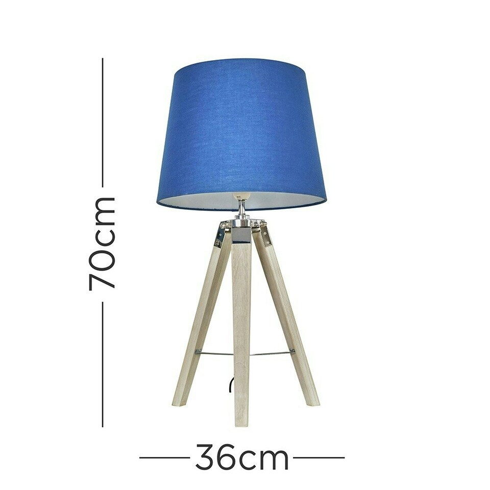 image 1 of ValueLights Distressed Wood and Silver Chrome Tripod Table Lamp with a Navy Blue Tapered Light Shade - Complete with a 6w LED GLS Bulb 3000K Warm White