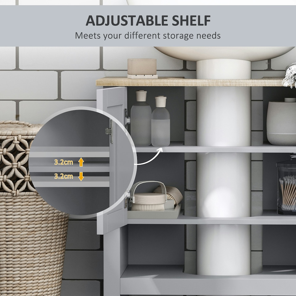 image 1 of kleankin Bathroom Under Sink Cabinet with Adjustable Shelf, White, Grey White | White, Grey