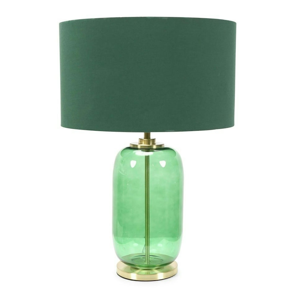 image 1 of ValueLights Leigh Green Fabric Drum Shade and Forest Green Glass Gold Trim Table Lamp & LED Bulb