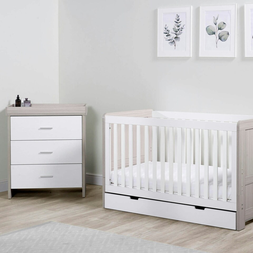 image 1 of Pembrey 2 Piece Furniture - Cot Bed, Changing Unit & Premium Sprung Mattress, Suitable from Birth to 4 Years (Ash Grey & White)