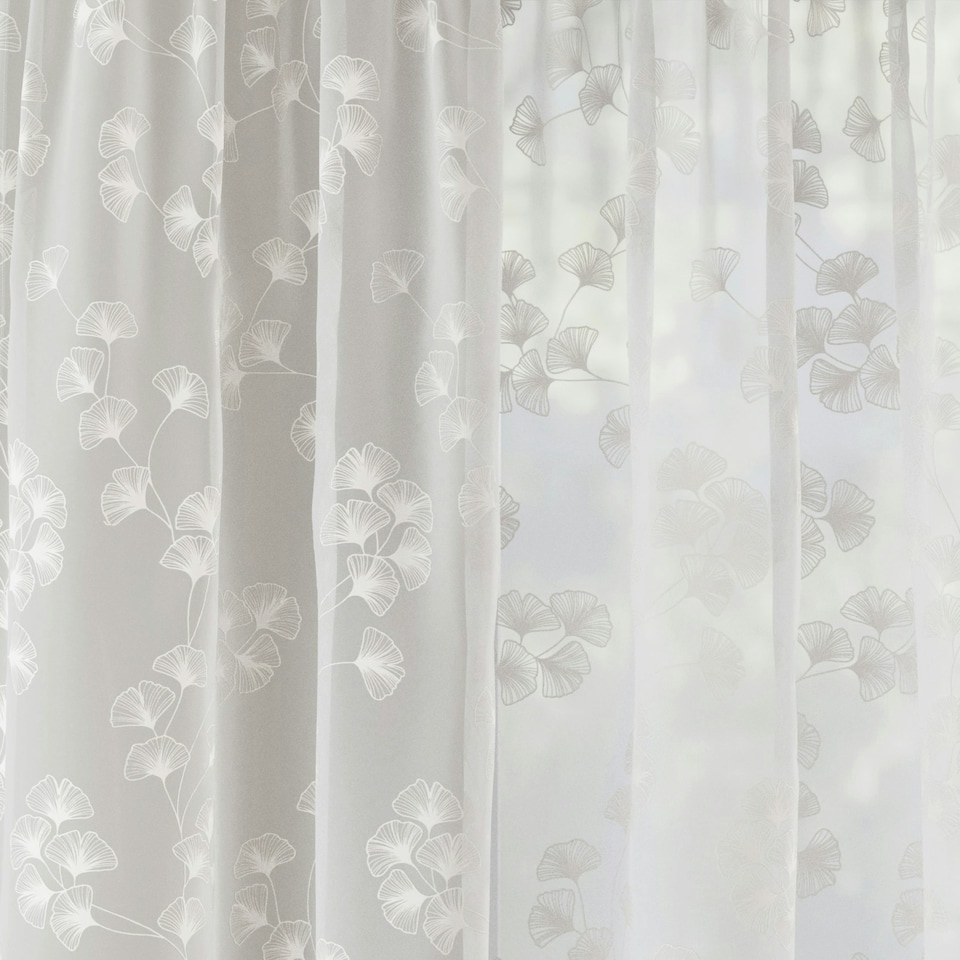 image 1 of Pair of Delila White Trail Leaf Print Voile Panels 229 cm (90 inch) Rod Pocket Panels for Bedroom and Living Room