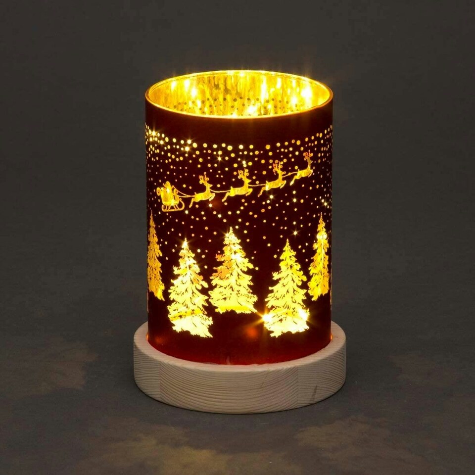 image 1 of 16cm Christmas Decorated Vase Table Santa Sleigh Scene Red