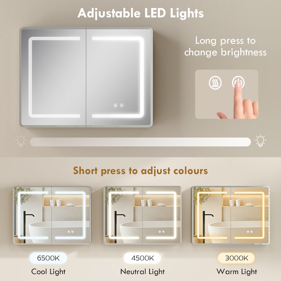 image 1 of HOMCOM 60 x 80 cm LED Bathroom Mirror Cabinet with Double-Sided Mirrors | Silver | Silver | 80W x 13.5D x 60H cm
