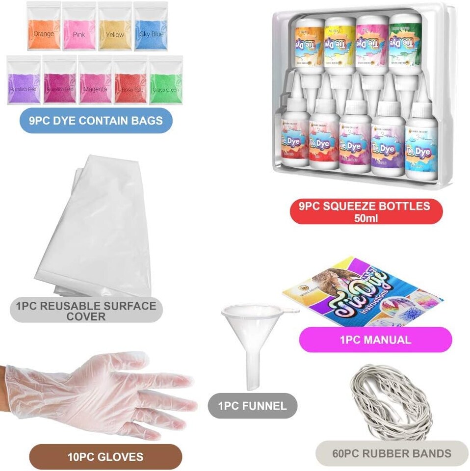 image 1 of Desire Deluxe Tie Dye Kit – Toy Set of Paint Colours Ink for Dyeing Fabric, Clothes – Creative Art Craft Boys Girls Kits Games Activity for Adults & Kids (9pc)