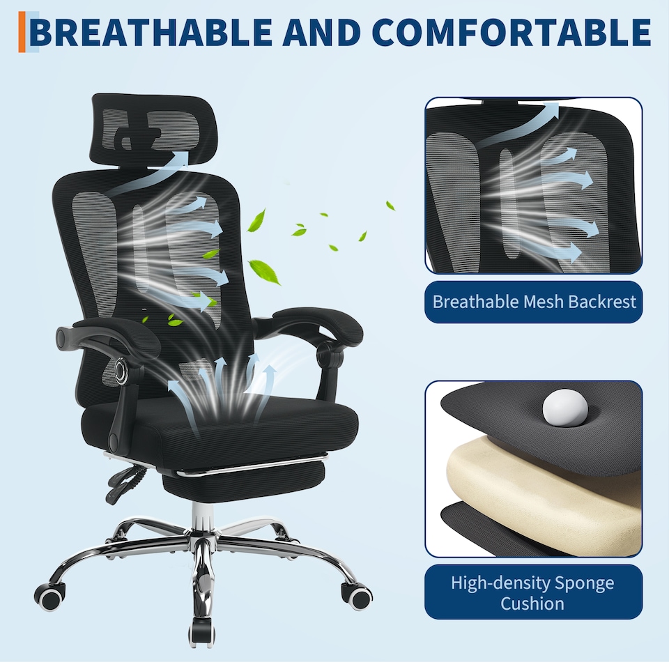 image 1 of Mesh Office Desk Chair with Adjustable Headrest Lumbar Support & Retractable Footrest - Beige, Cushion Included