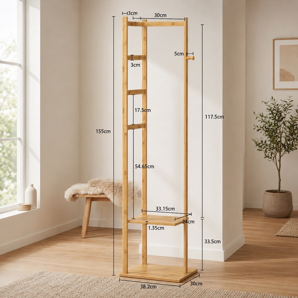 image 1 of Narrow Wooden Clothes Rail With 2 Shelves Brown | One Size