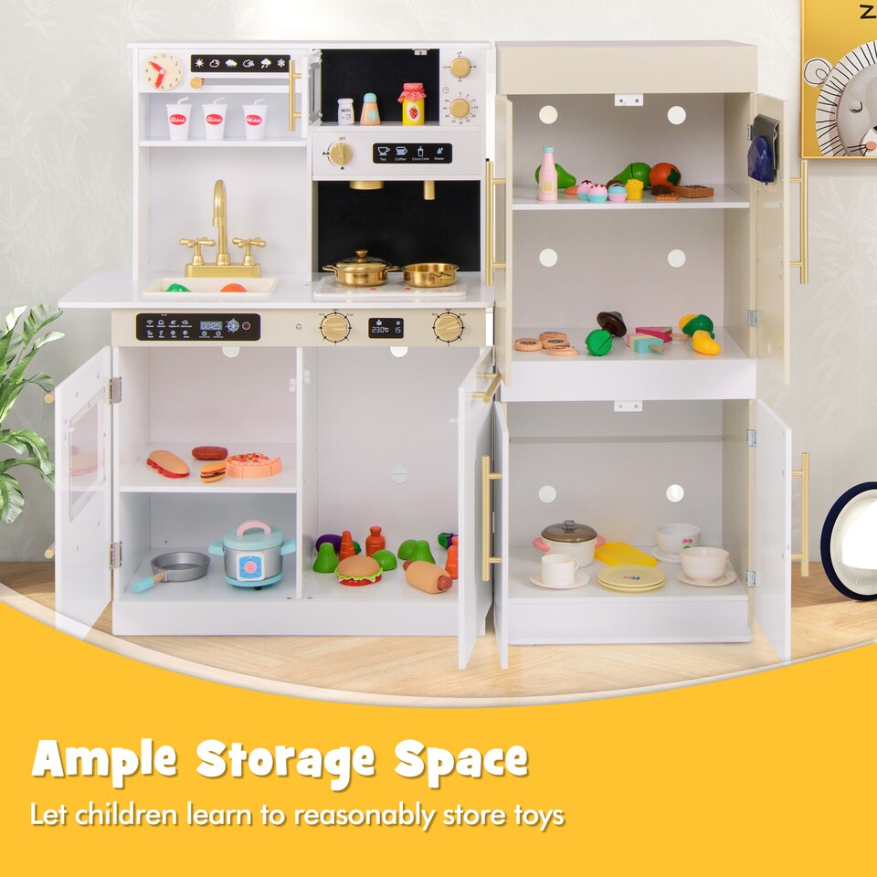 image 1 of COSTWAY Kids Wooden Kitchen 2-Piece Modular Pretend Play Kitchen w/Light-White