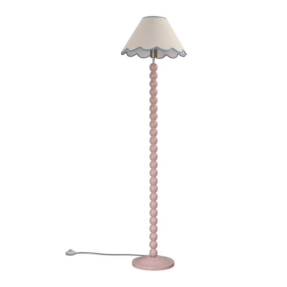 image 1 of ValueLights Bobbles Rose Pink Floor Lamp Blue Trim Scallop Shade & Bulb | Pink