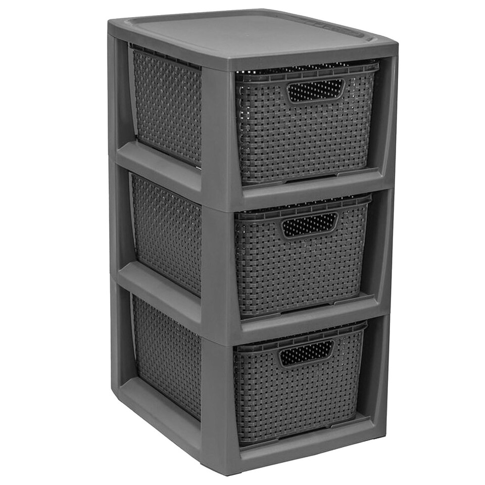 image 1 of 1 x 3 Drawer Grey Stylish Rattan Effect Commode Baskets Home Office Storage Unit Grey