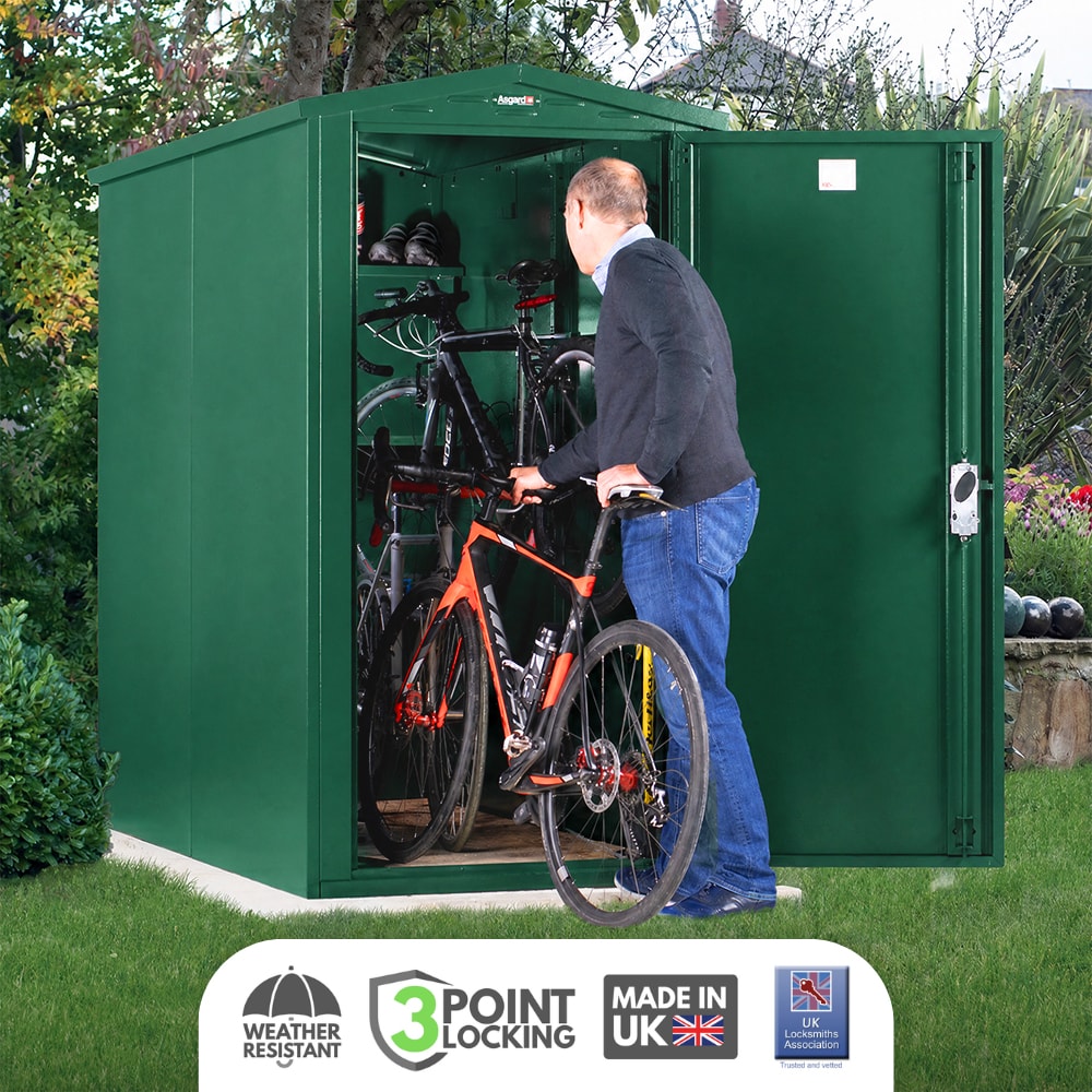 ASGARD Sentry Electric ready all metal bike & garden shed for up to 2 bikes in GREEN with full metal floor & bike hanger included (3 x 7)