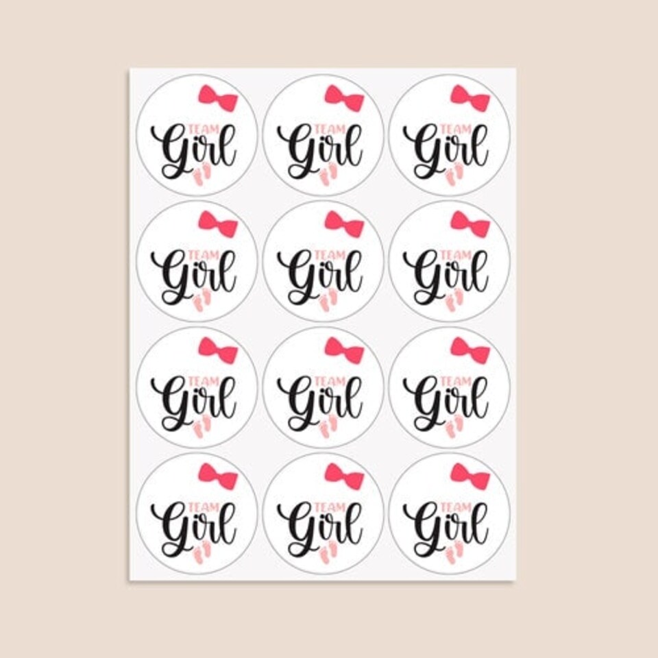 image 1 of Team Girl Gender Reveal Round Stickers 60mm - Sheet of 12