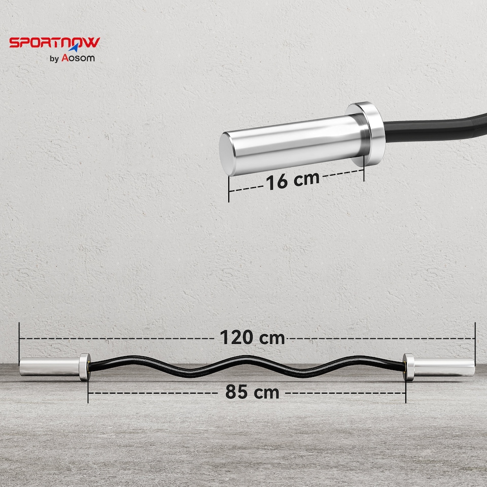 image 1 of SPORTNOW 4ft Olympic EZ Curl Bar, Barbell Bar for Weight Plates with Non-Slip Hand Grip, for Weight Lifting, Hip Thrusts, Squat, Biceps, Home Gym