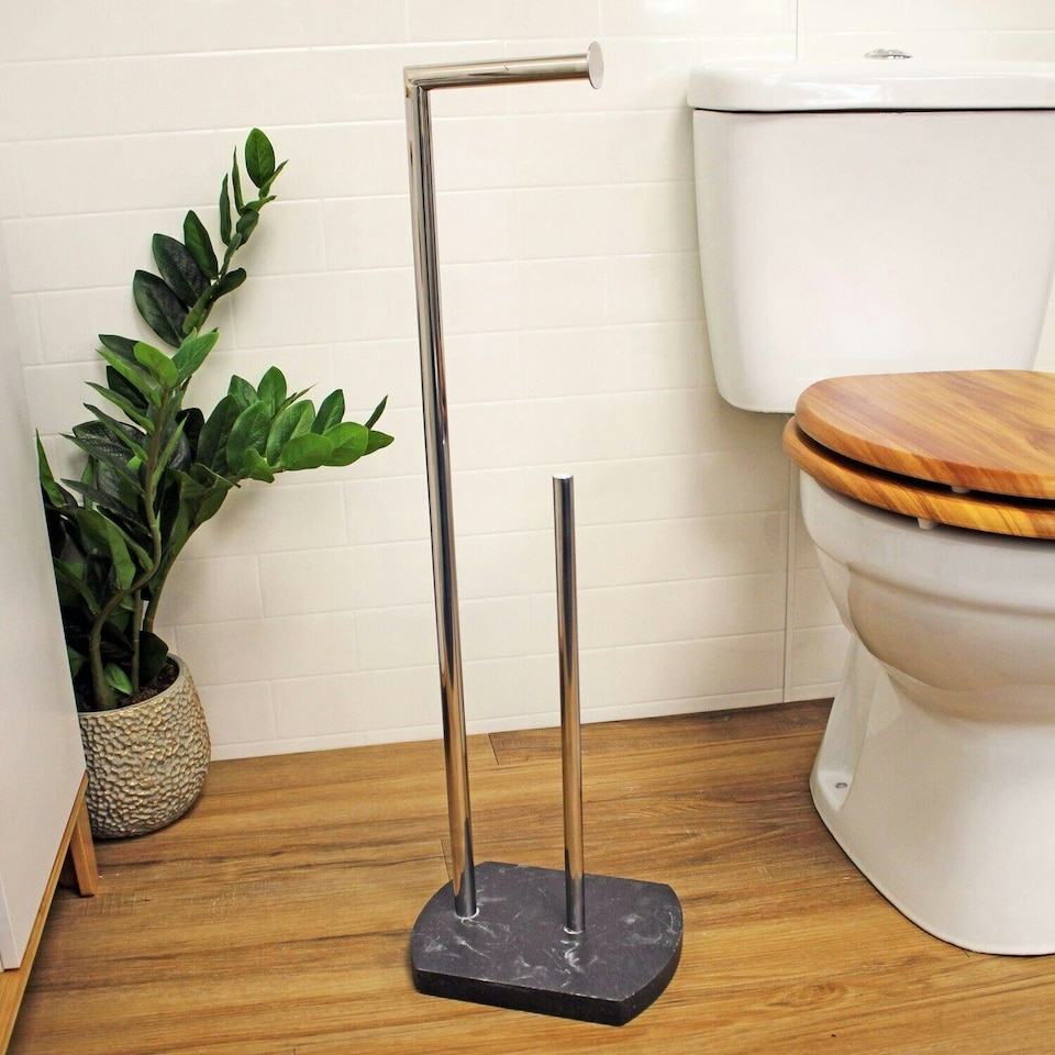 image 1 of Showerdrape Octavia Grey Marble & Chrome Toilet Roll Holder & Spare Paper Holder Combination