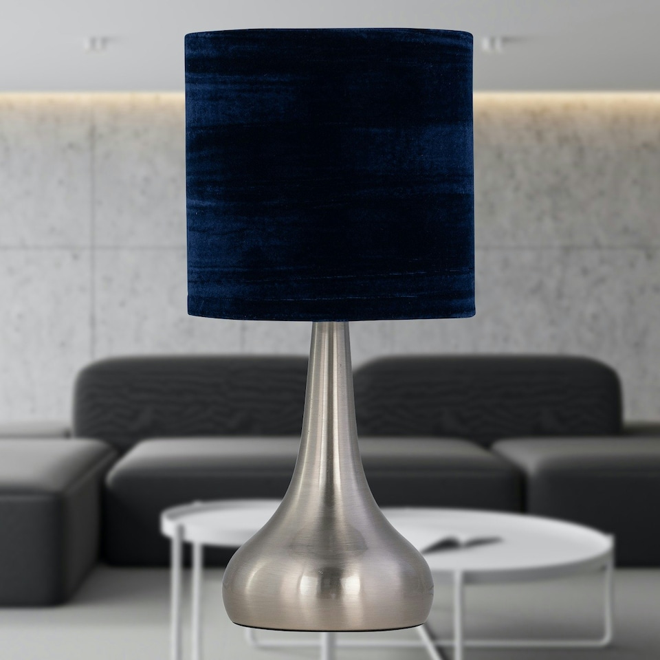 image 1 of Romana - Brushed Chrome Touch Operated Table Lamp with Navy Blue Crushed Velvet Shade Silver | Blue