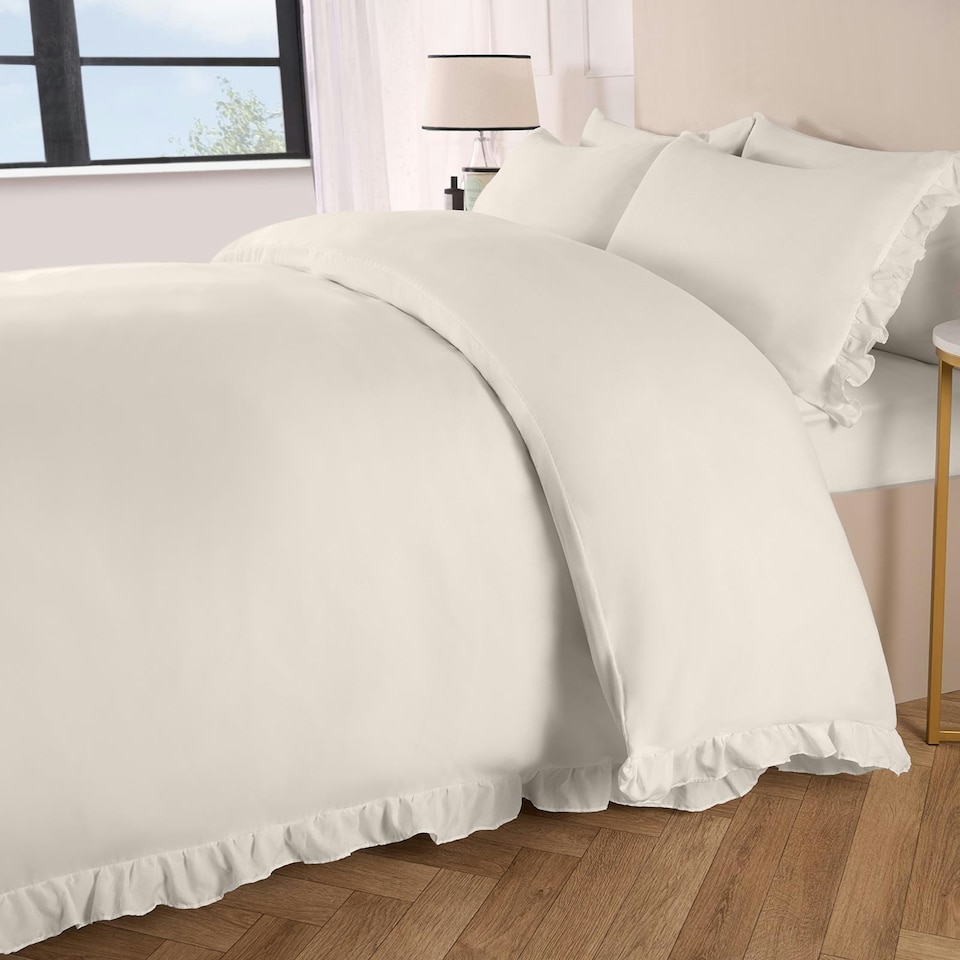 image 1 of OHS Ruffled Frill Edge Duvet Cover and Pillowcase Bedding Set, Super King - Natural Yellow | Natural | Super King