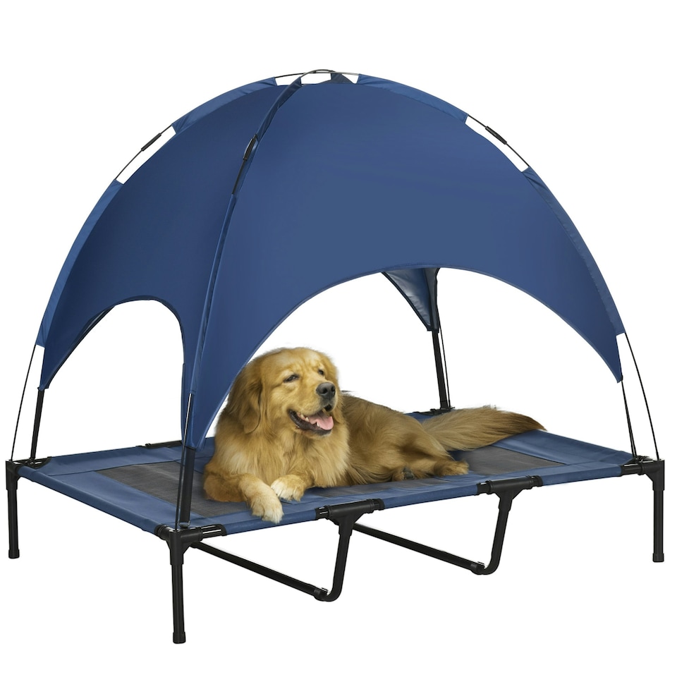 image 1 of PawHut 122cm Elevated Dog Bed Cooling Raised Pet Cot UV Protection Canopy Blue