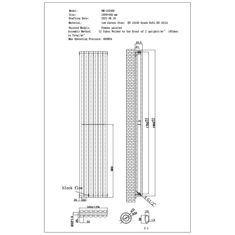 image 1 of Omeara - Anthracite Vertical Radiator H1800mm x W348mm Double Panel