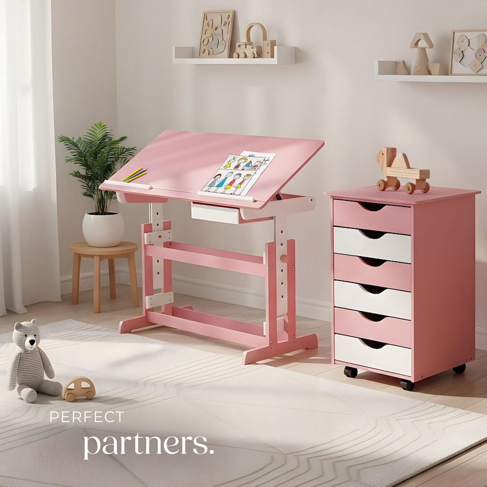 image 1 of Kids Study Desk And Filing Cabinet Set Childrens Play Room Furniture MDF In 2 Colours 7 Step Adjustable Height | Pink | rose | 109 x 55 x 94 cm | 1
