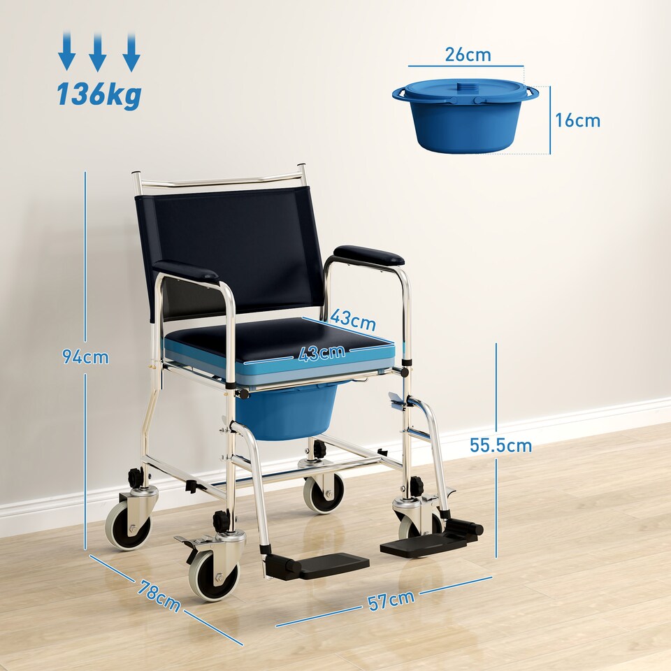 image 1 of HOMCOM Shower Wheelchair, Commode Wheeled Chair with Padded Seat, Backrest