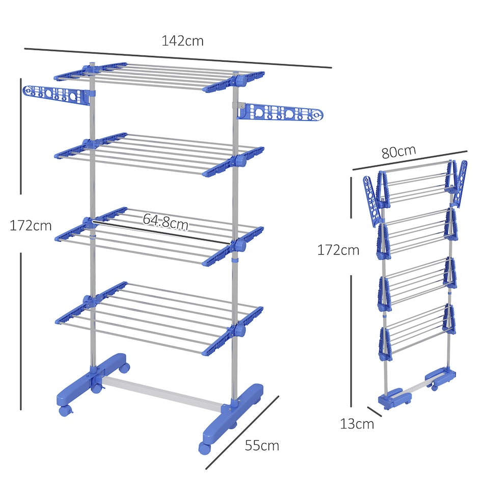 image 1 of HOMCOM 4-Tier Clothes Airer, Stainless Steel Foldable Clothes Drying Rack with Wheels and Wings, Indoor and Outdoor, Easy Assembly, 142 x 55 x 172cm, Blue