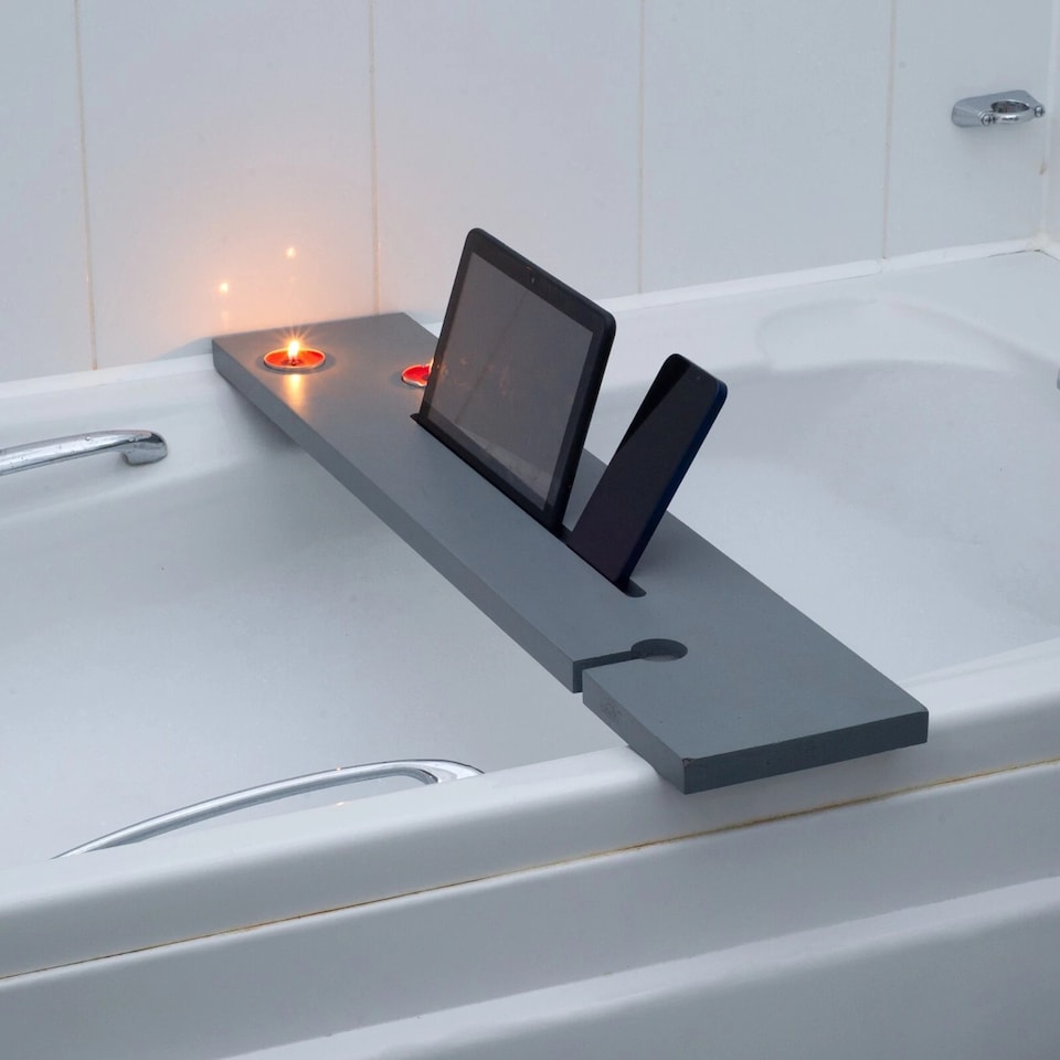 image 1 of Grey Wood Bath Tub Rack Caddy Bathroom Shelf Wine Glass Tablet Tea Light Holder