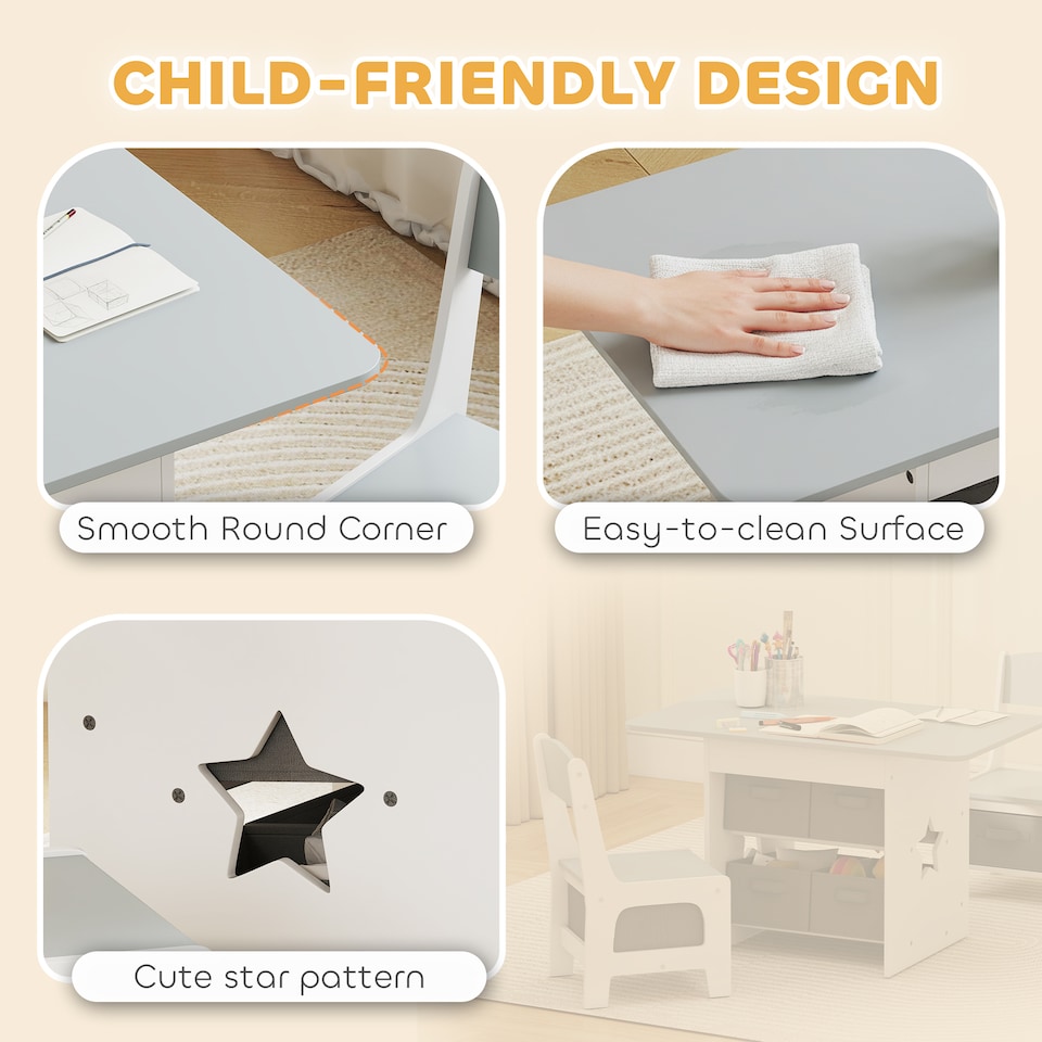 image 1 of AIYAPLAY Kids Table and Chair Set, Toddler Table and 2 Chairs Set with 6 Removable Drawers, for Boys Girls Ages 3-8, for Classroom, Daycares, Homes, Learning, Drawing, Dining, Light Grey