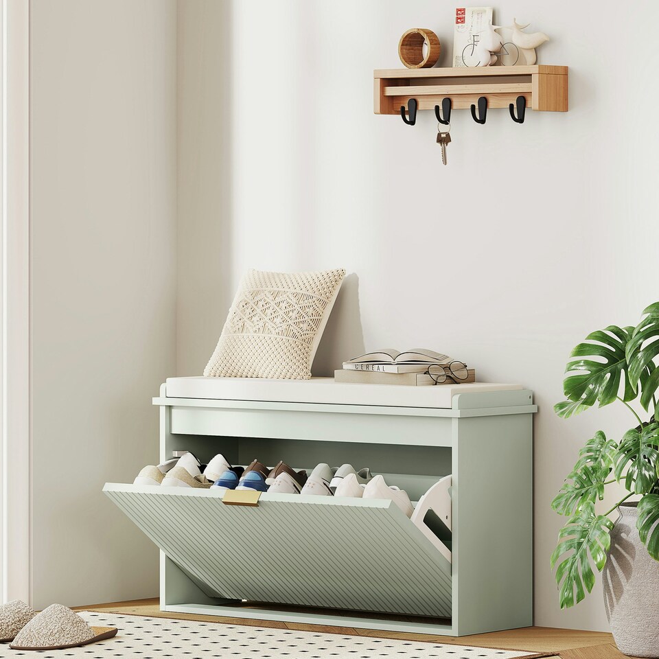 image 1 of HOMCOM Shoe Bench with Padded Seat Cushion and Flip-Drawer, Shoe Cabinet Holds up to 120kg for Hallway, Entryway and Porch, 80x26x47.5cm, White | White | White