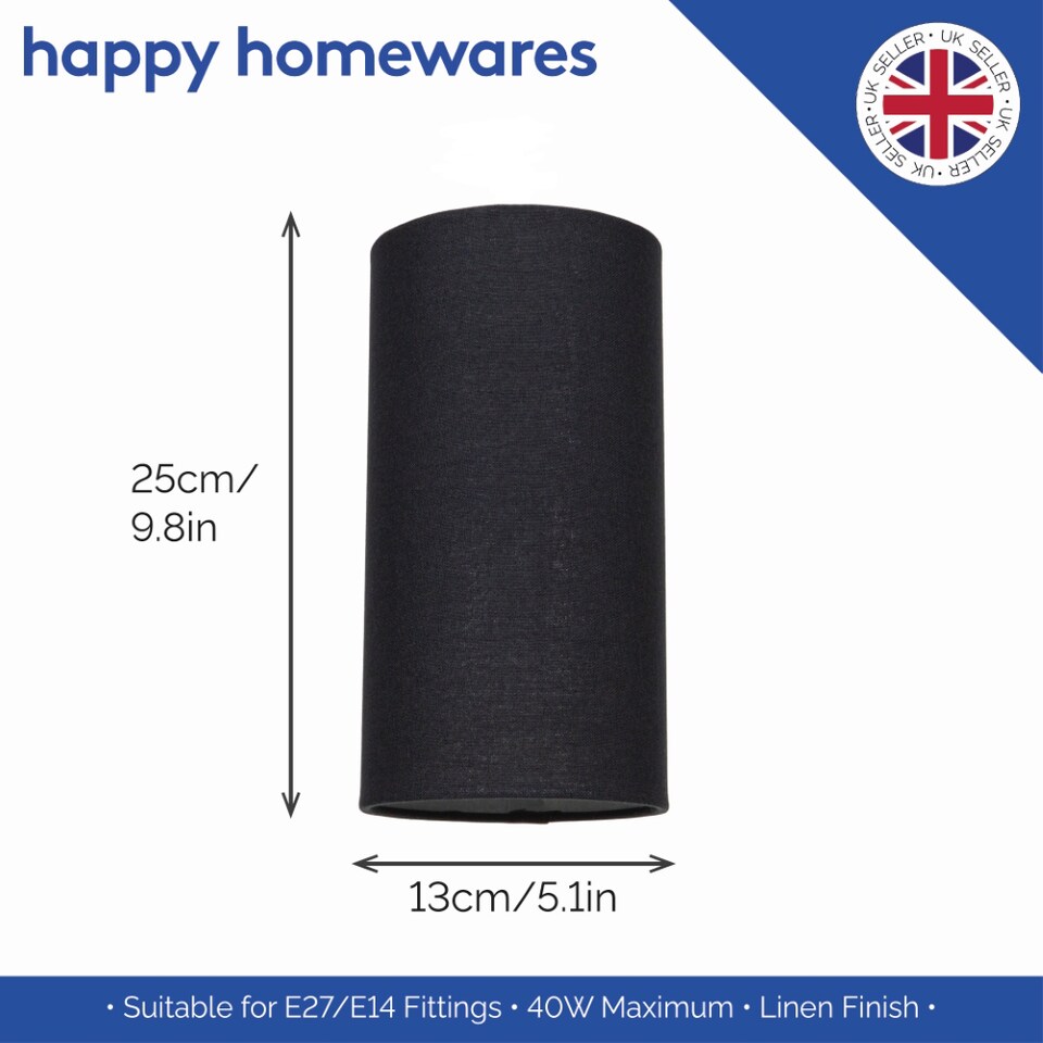 image 1 of Contemporary and Stylish Jet Black Linen Fabric Tall Cylindrical 25cm Lamp Shade | Black