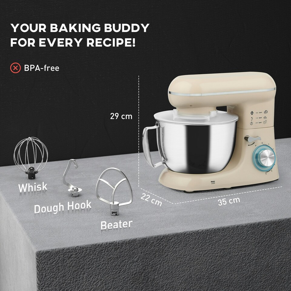 image 1 of HOMCOM Electric Stand Mixer, 4.5L Food Mixer with Dough Hook, Whisk, Beige
