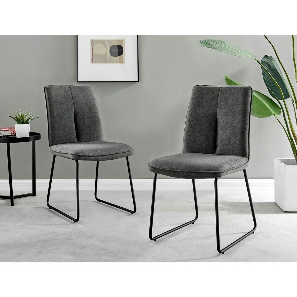 image 1 of Furniturebox 2x Halle Dark Grey Fabric Black Leg Dining Chairs