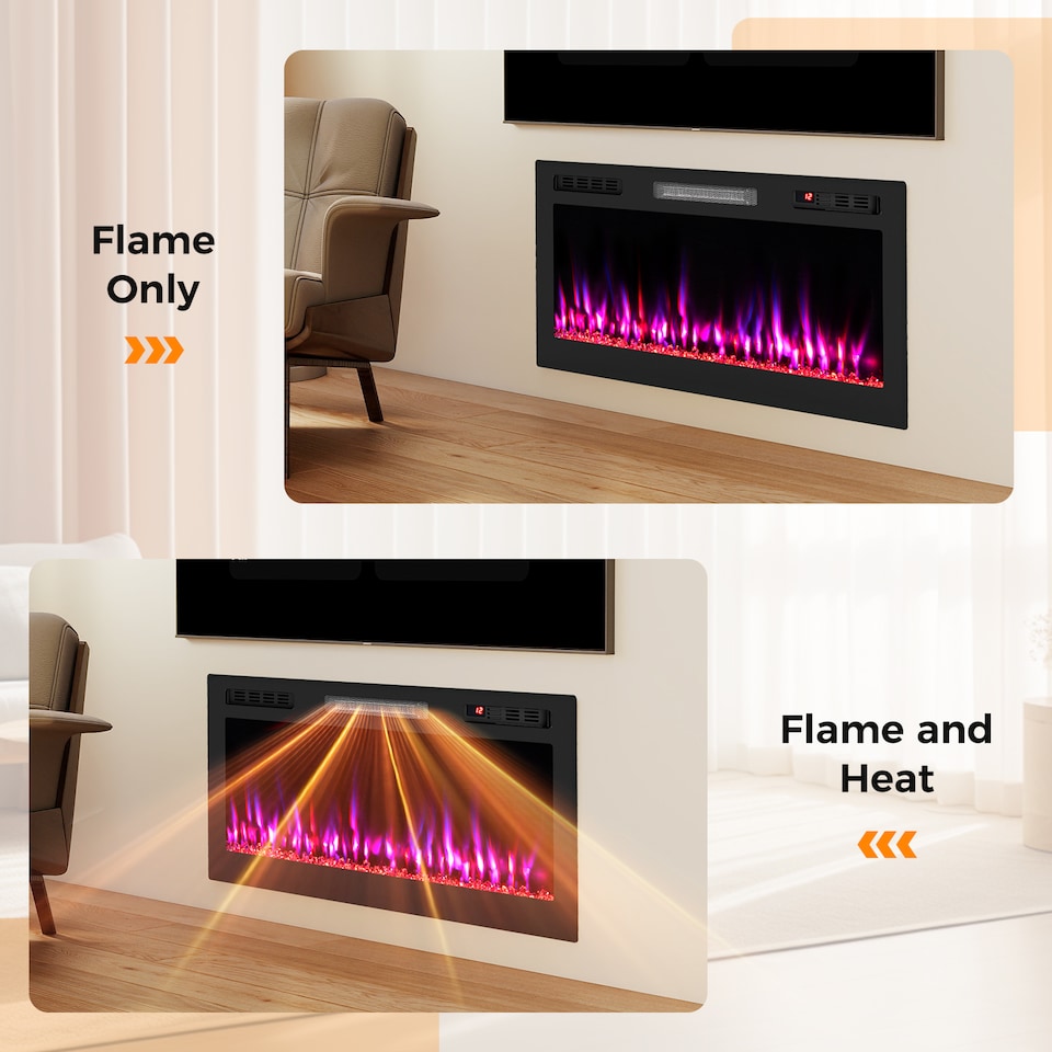 image 1 of COSTWAY 750W/1500W Recessed/Wall-Mounted Fireplace Black