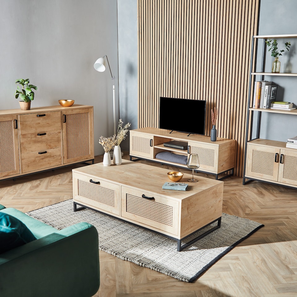 image 1 of Vonhaus Lena Rattan Effect TV Stand with 2 Open Shelves for Living Room