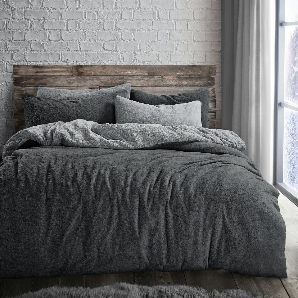 image 1 of Velosso Teddy Two Tone Fluffy and Warm Fleece Duvet Cover Set Cream | Cream | Super King
