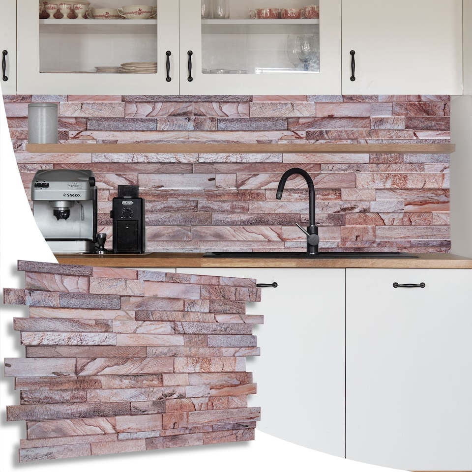 image 1 of NOVECRAFTO Rose Marble Slim Stone Brick 3D Wall Panels (96cm x 48cm) DIY PVC Plastic Cladding Panels