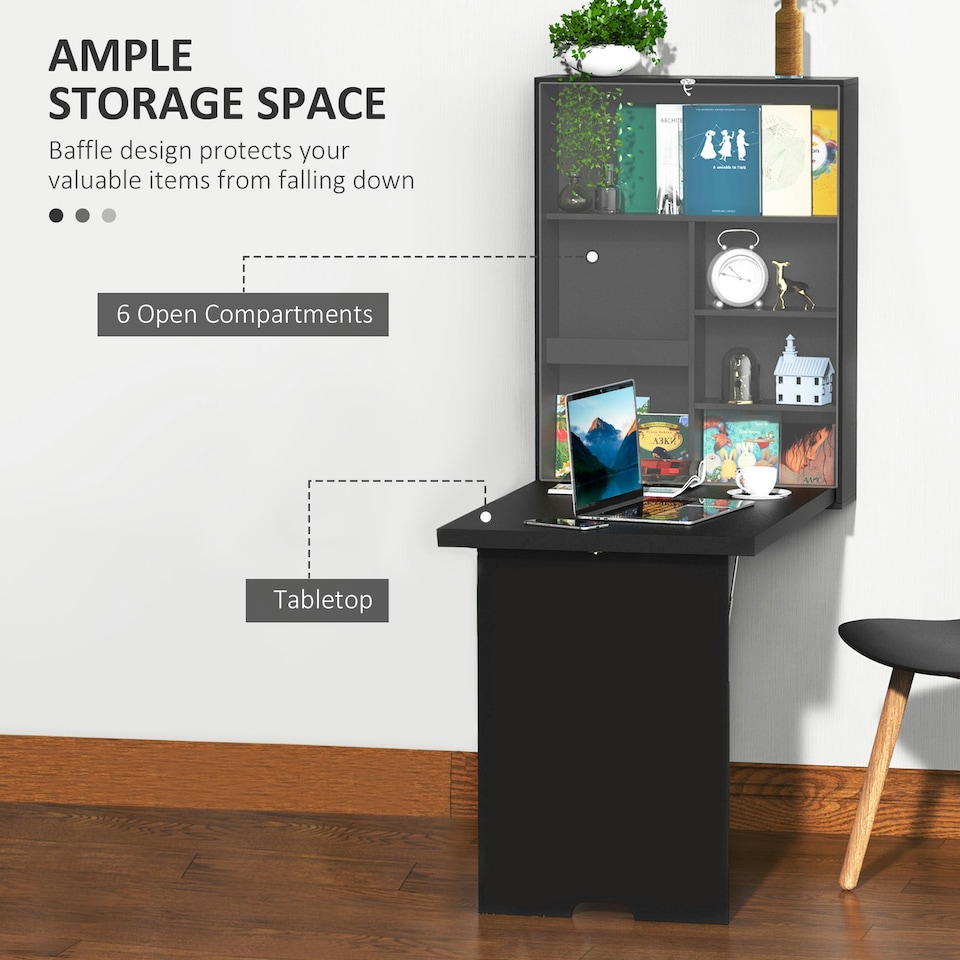 image 1 of HOMCOM Multi-Functional Folding Wall-Mounted Drop-Leaf Table w/Chalkboard Shelf