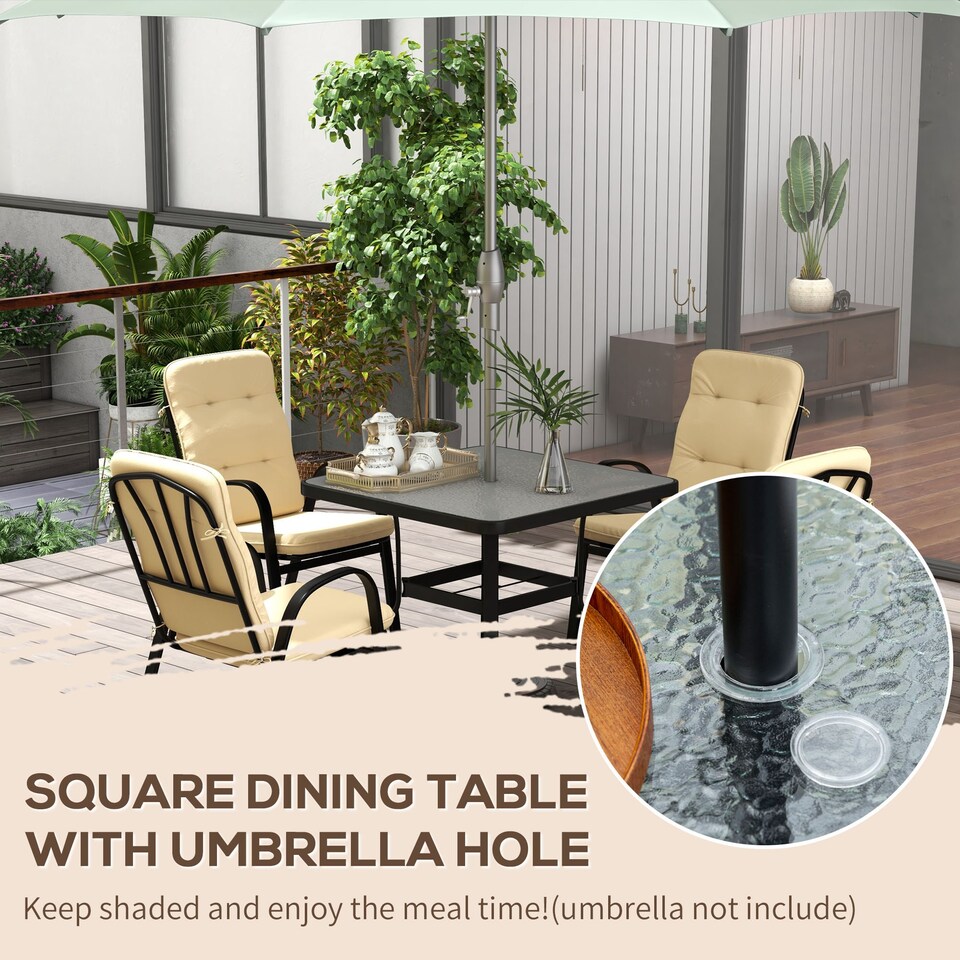 image 1 of Outsunny 5 Pieces Garden Dining Set, Outdoor Square Dining Table and 4 Cushioned Armchairs, Tempered Glass Top Table w Umbrella Hole, Texteline Seats, Beige
